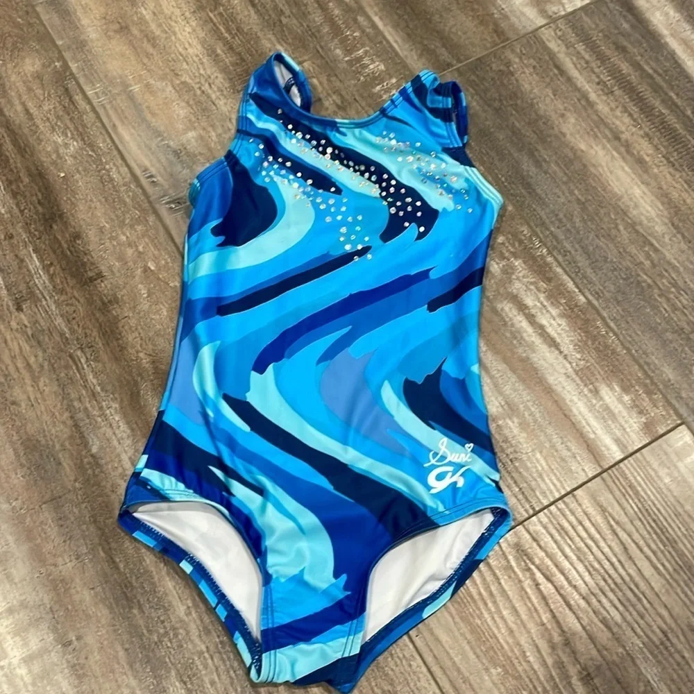 GK x Suni Lee Blue Cool Breeze Sleeveless leotard CXS NEW